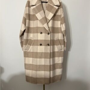 MICHAEL Michael Kors Plaid Pea Coat in Tan and Cream 44” 2 Pockets NWOT